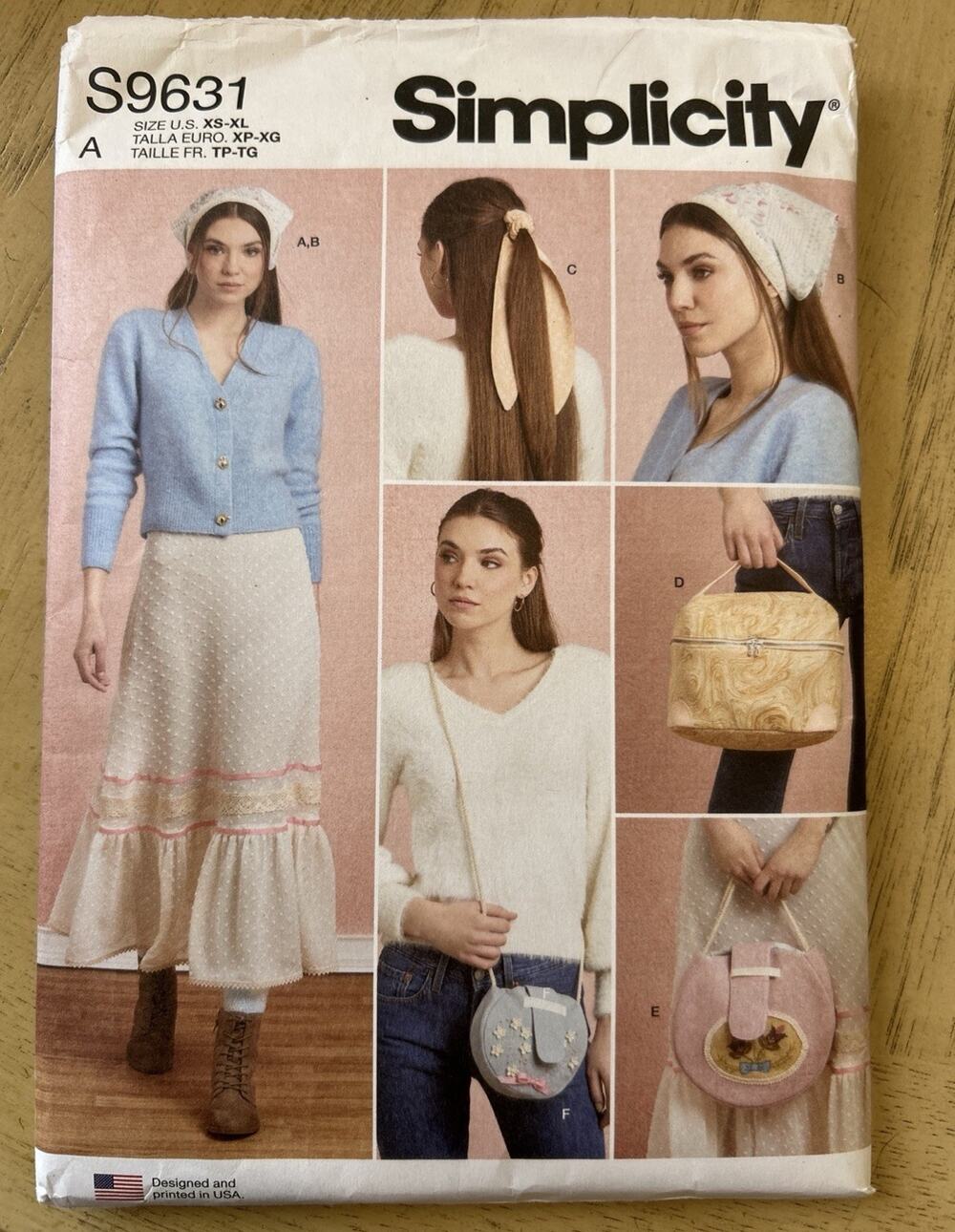 VTG Simplicity Sewing Pattern Boho Skirt Hats Purse Hair Scarf Accessories S9631
